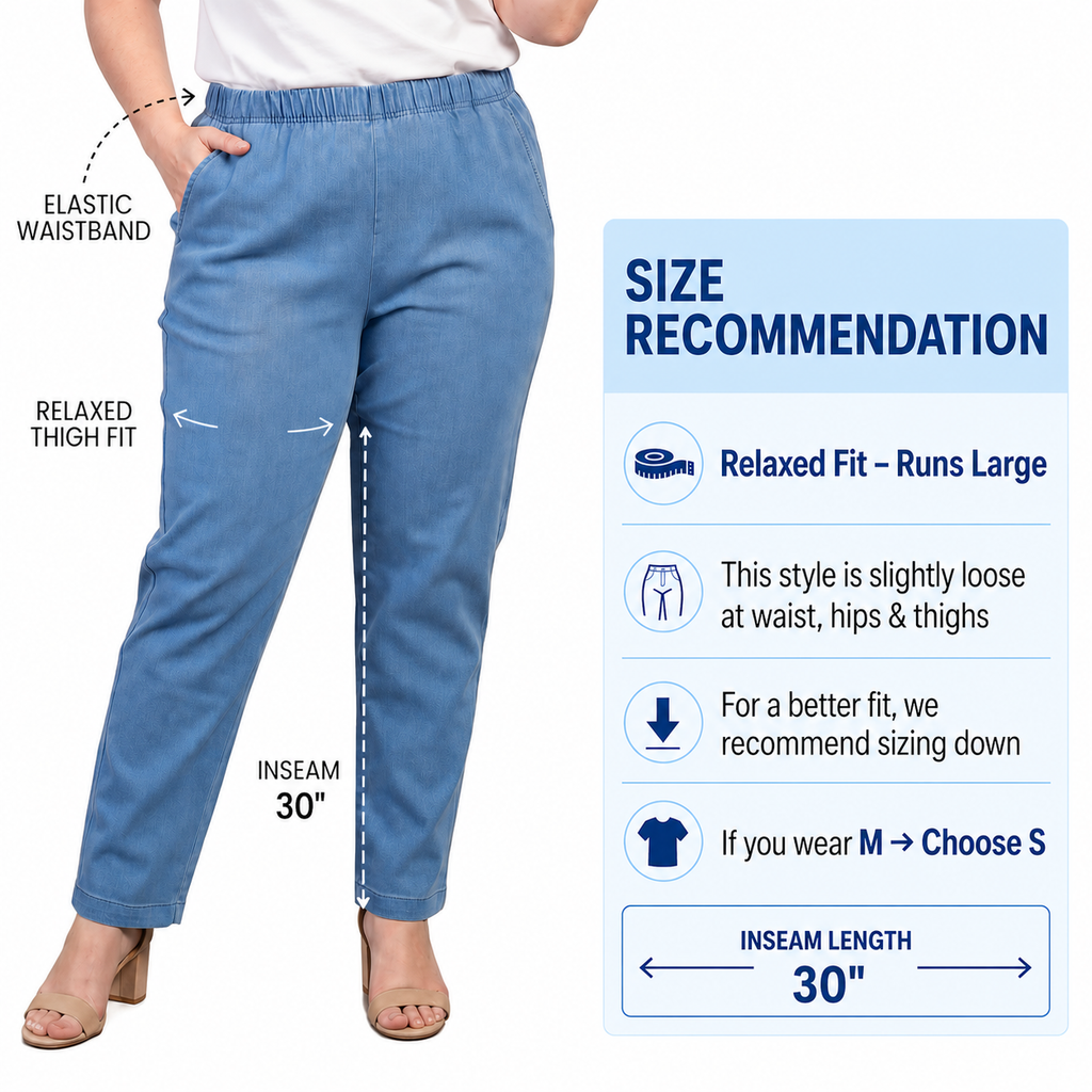 Women's Lightweight Pull-On Denim Jeans with Elastic Waist – Relaxed Fit Stretch Jeans for Casual Everyday Wear